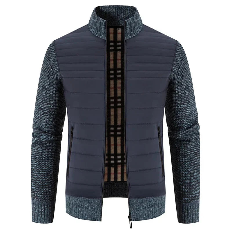 Mens quilted jacket in Blue with knit sleeves and check lining, front view