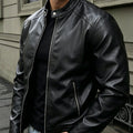 Black Stand Collar Leather Jacket with Zip Pockets