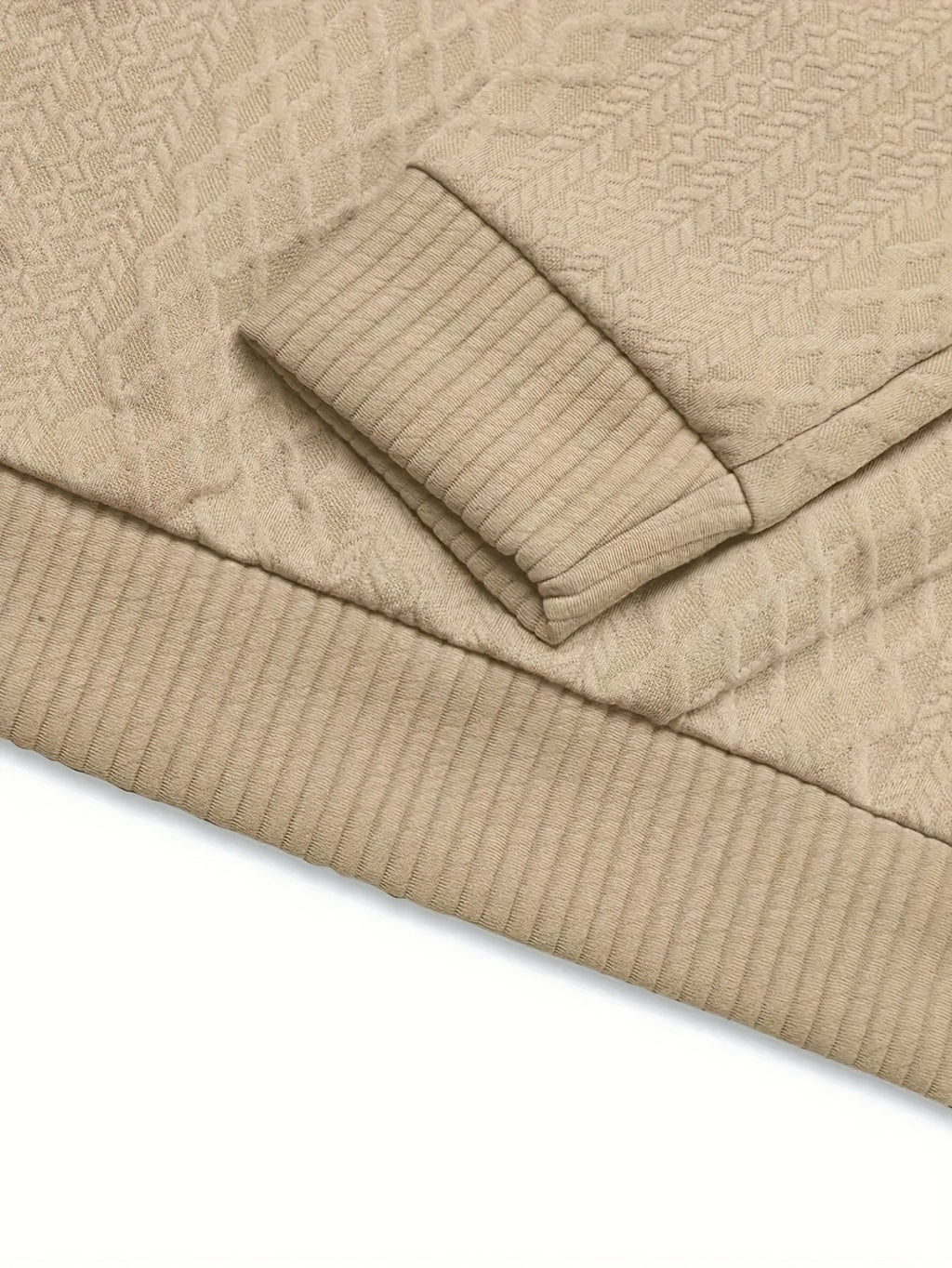 Mens mock neck sweater in Khaki, ribbed cuff and hem close-up