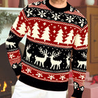 Mens Christmas sweater in Black with red and cream reindeer bands, close-up