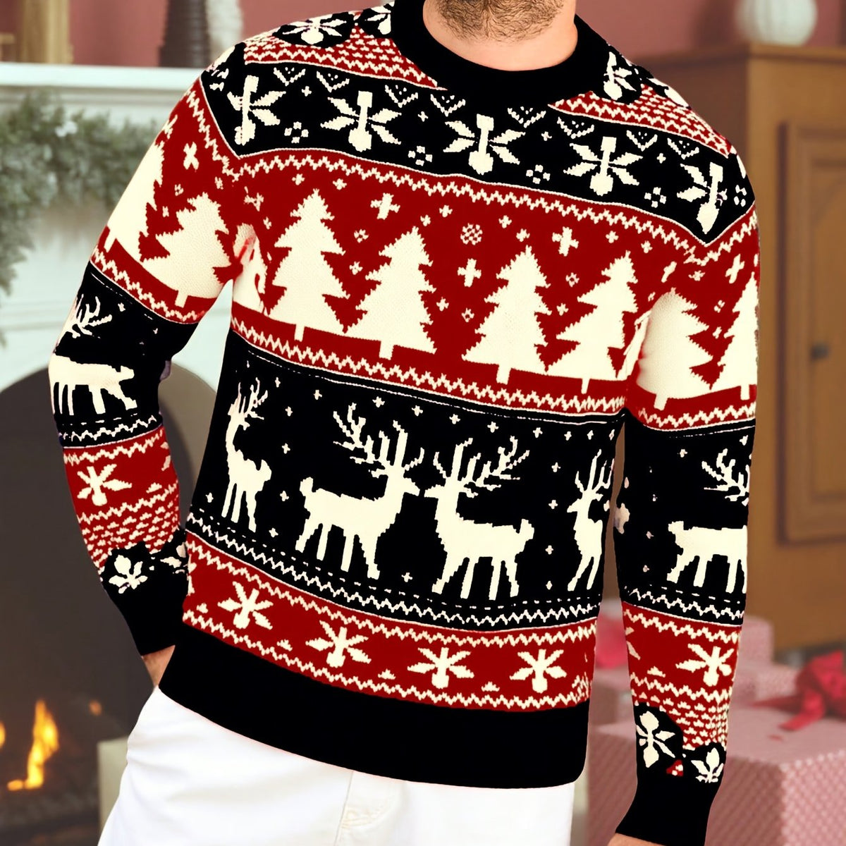 Mens Christmas sweater in Black with red and cream reindeer bands, close-up