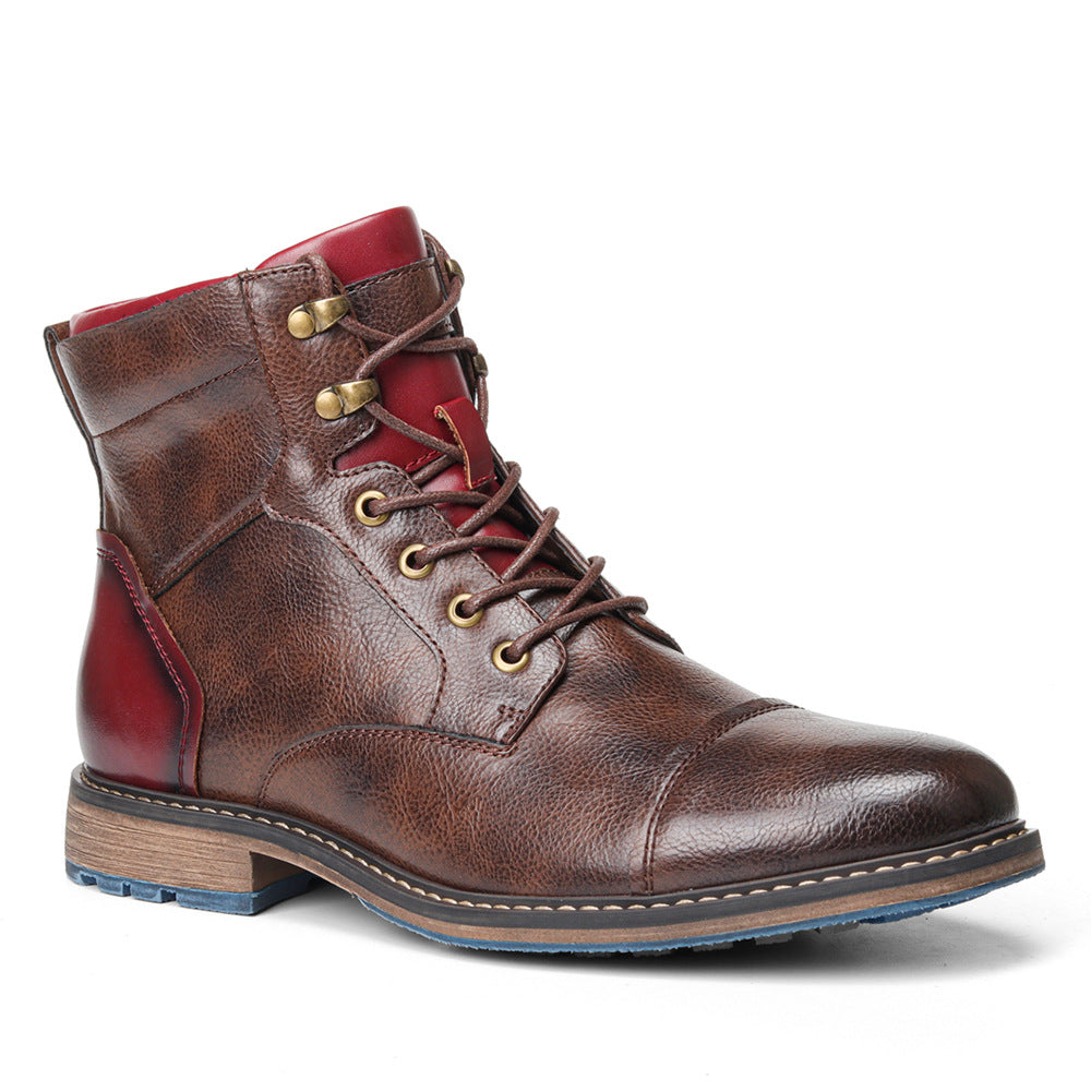 Lace Up Leather Boots with Stacked Heel