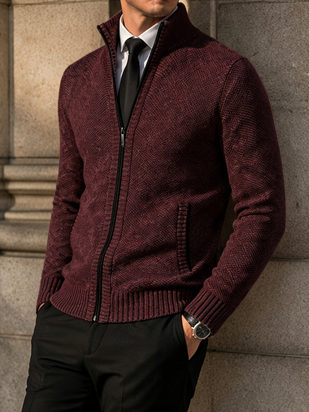 Patch Pockets Cardigan with Stand Collar