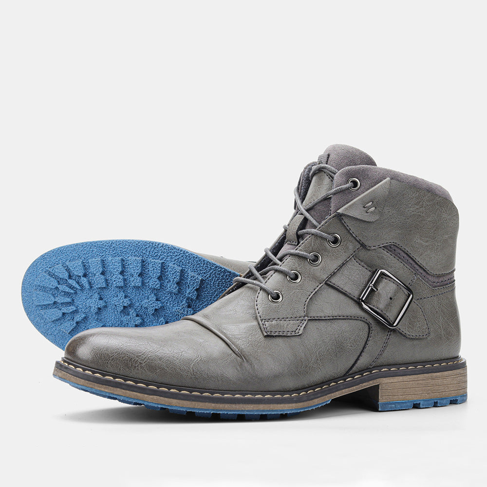 Lace Up Leather Boots with Stacked Heel