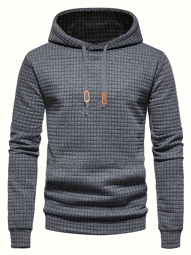 Mens waffle knit hoodie in Charcoal, front view with drawstring hood