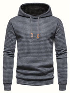 Mens waffle knit hoodie in Charcoal, front view with drawstring hood