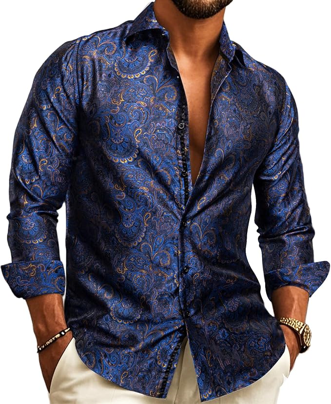Navy blue paisley dress shirt for men in high sheen satin