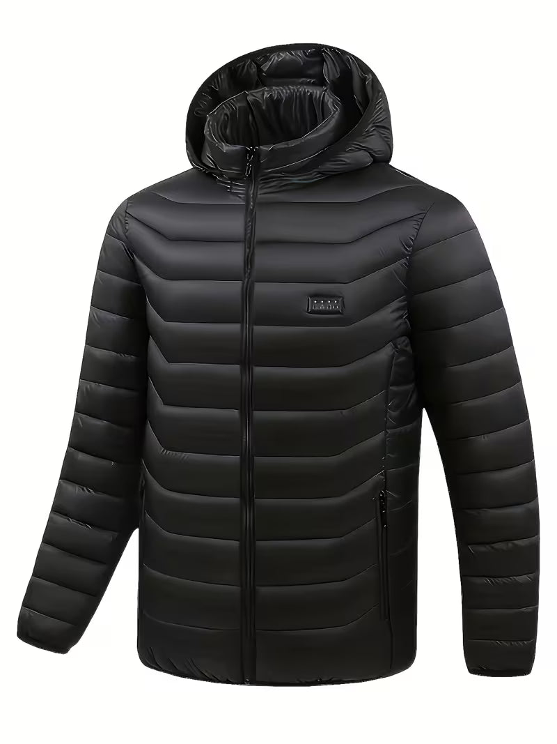 Mens heated jacket in Black, front view with hood