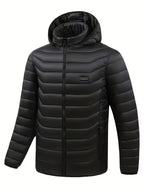Mens heated jacket in Black, front view with hood