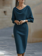 Womens midi sweater dress in Teal, cowl neck and batwing sleeves, front view