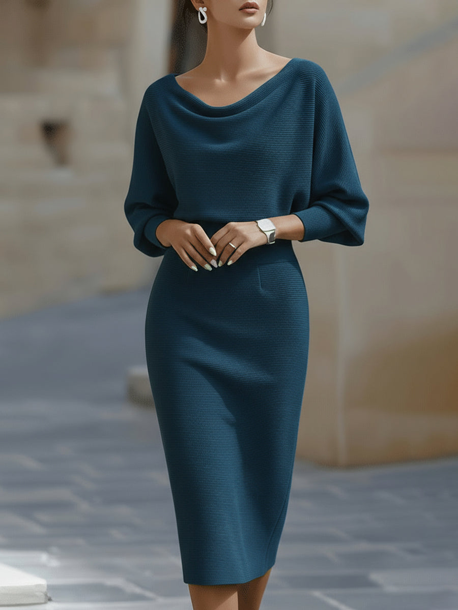 Womens midi sweater dress in Teal, cowl neck and batwing sleeves, front view