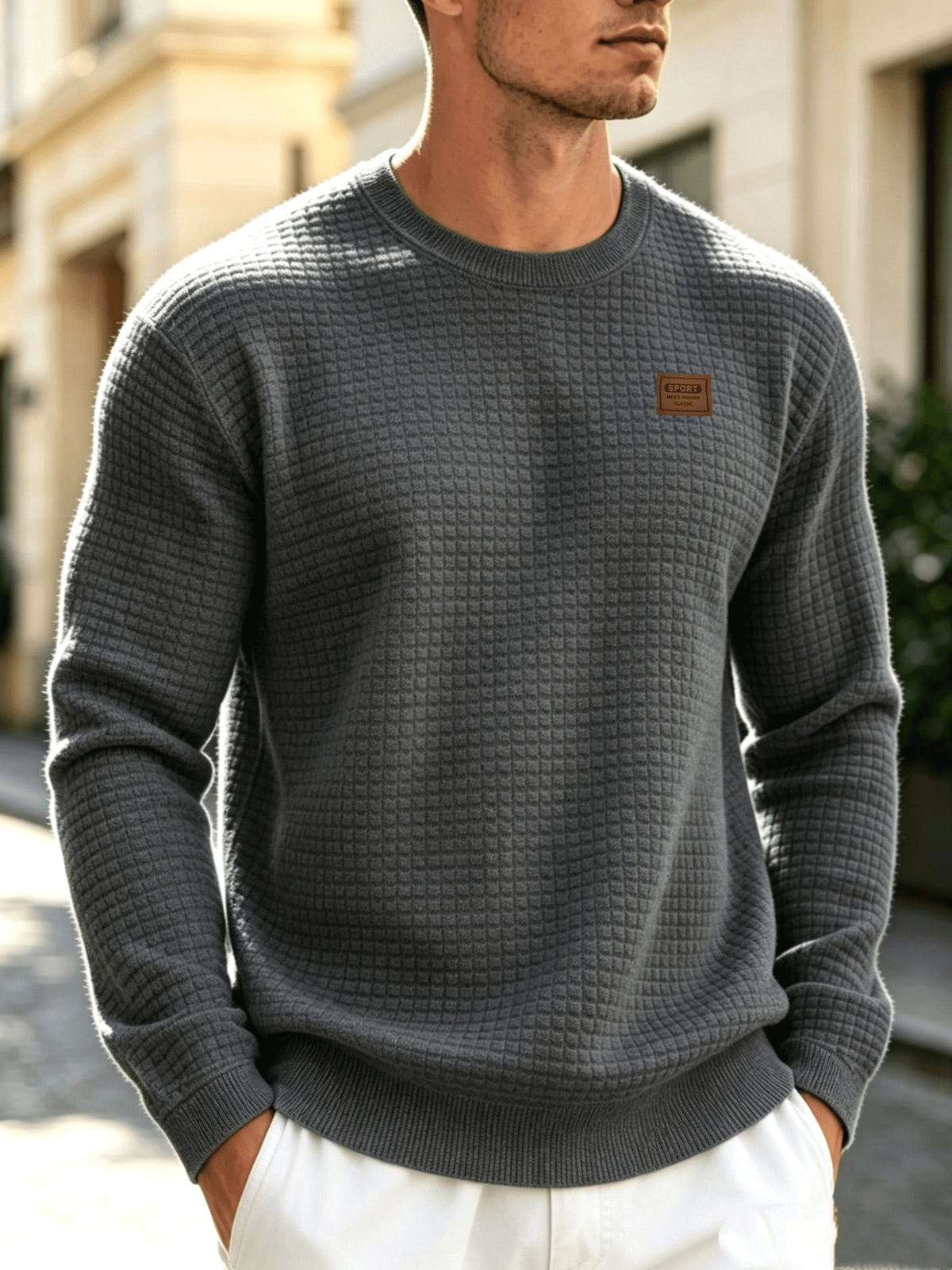 Leather Patch Crewneck Sweater with Waffle Texture