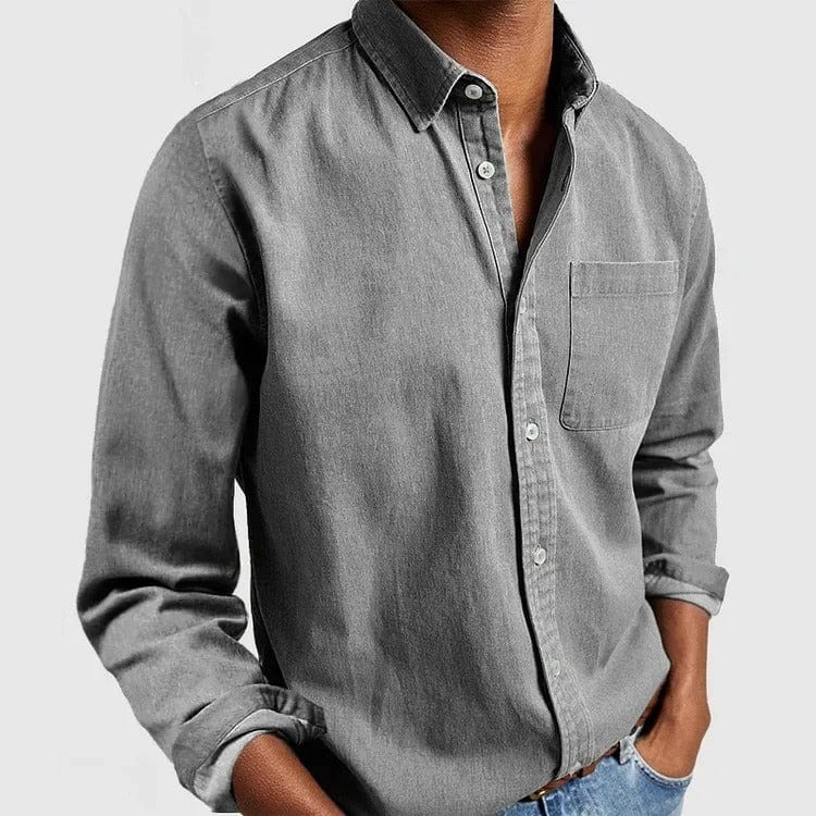 Mens button up shirt in Gray, front view on a model