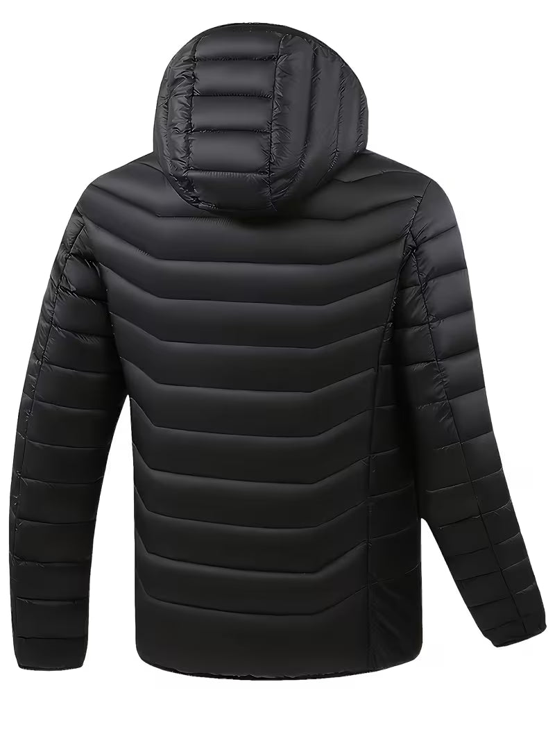 Mens heated jacket in Black, back view with channel quilting