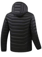 Mens heated jacket in Black, back view with channel quilting