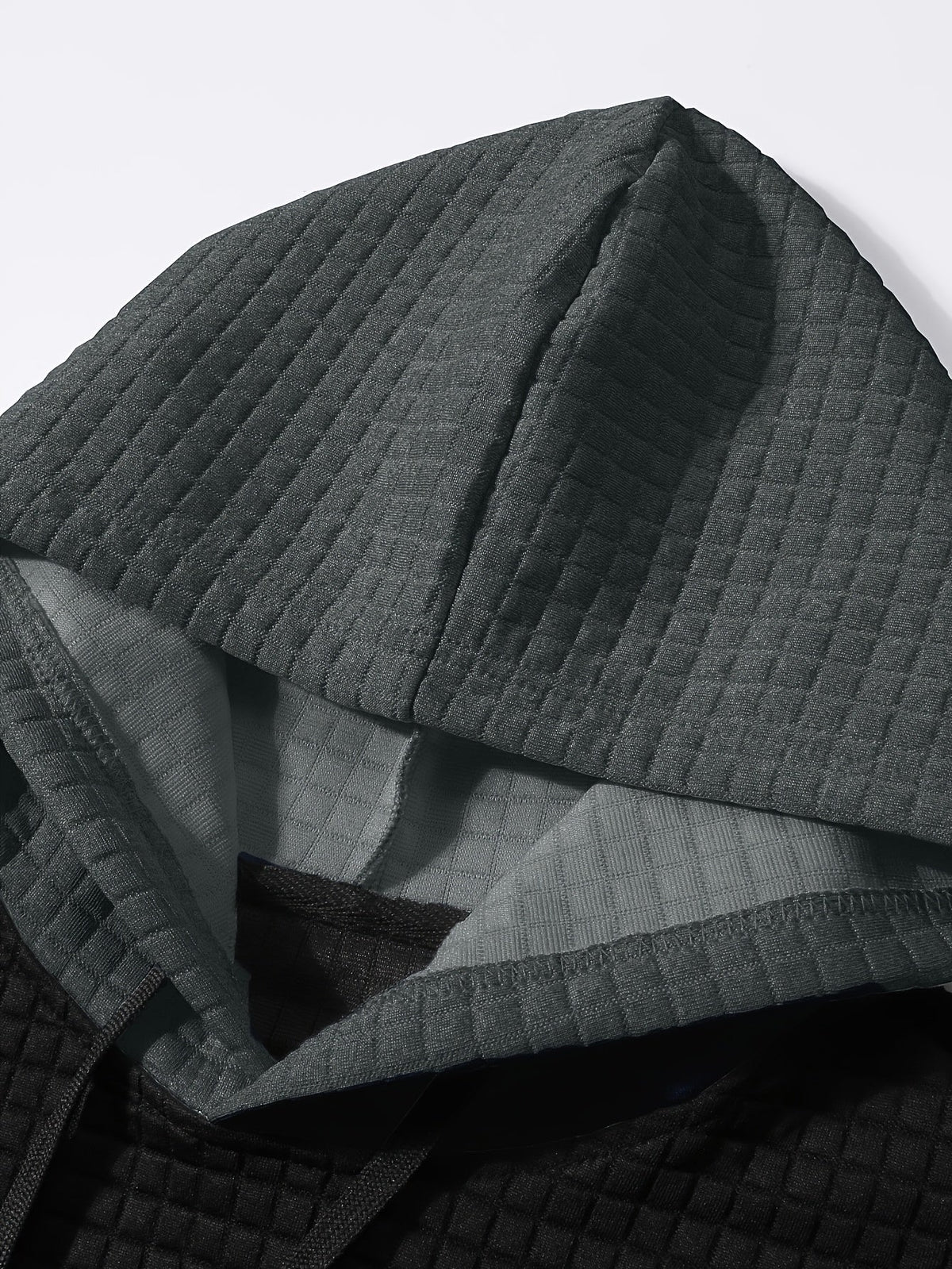 Mens hoodie in Silver, close-up of the waffle knit hood