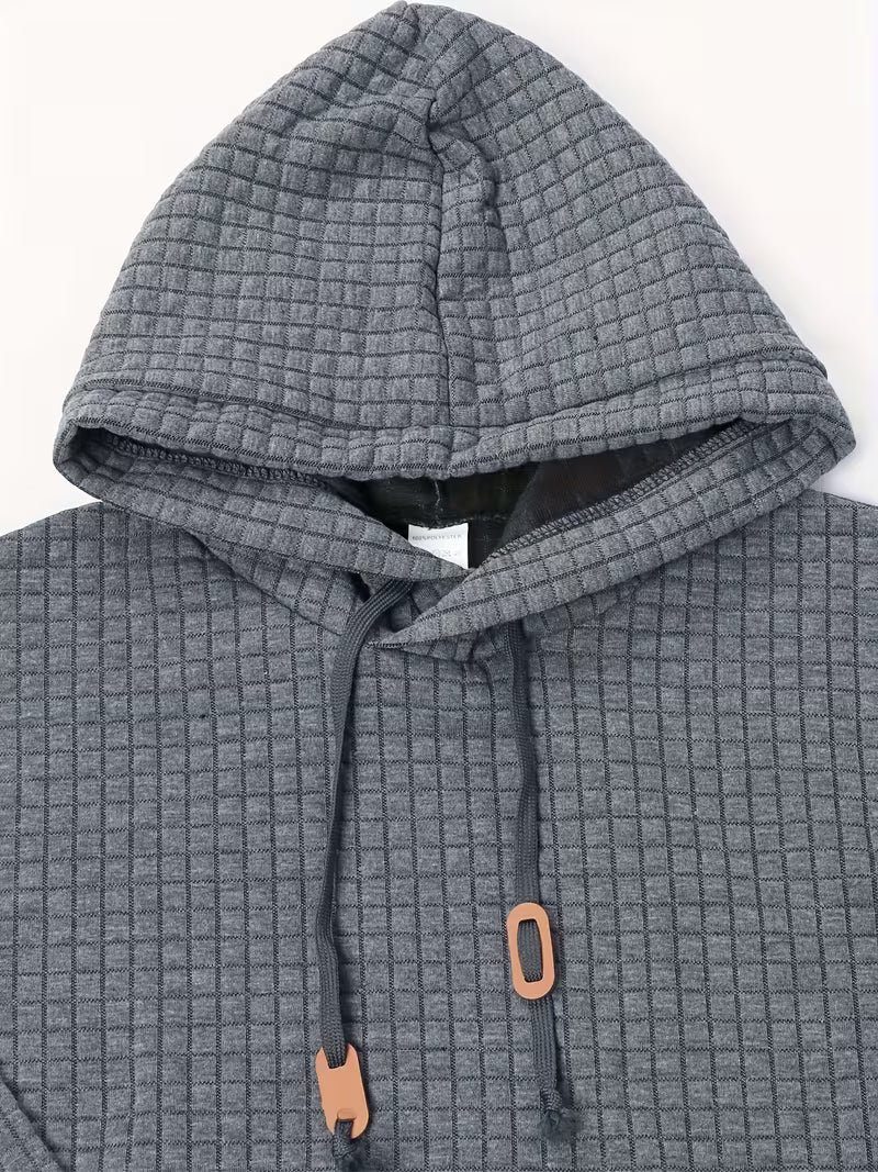 Mens waffle knit hoodie in Charcoal, close-up of the hood and cords
