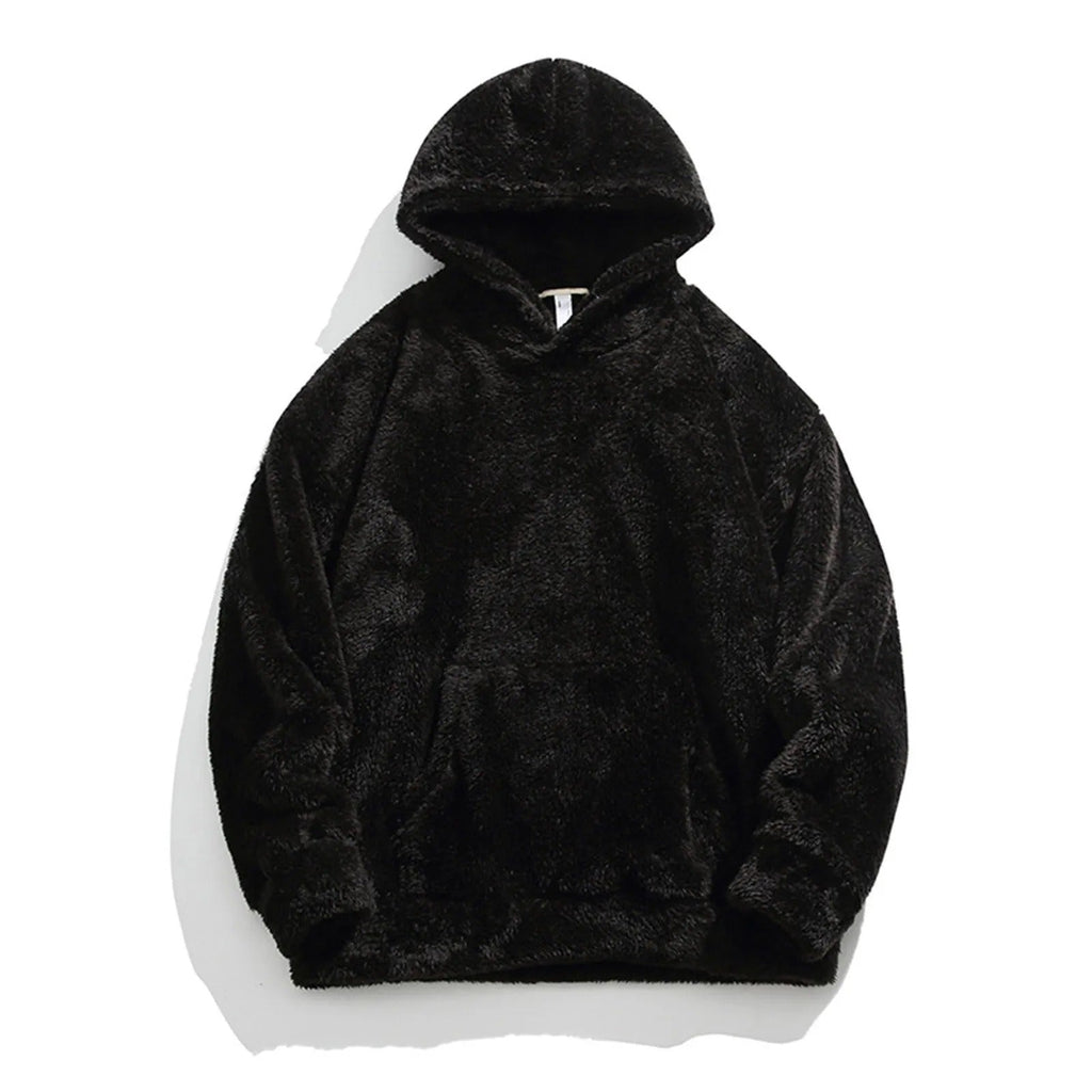 Mens fleece hoodie in Black, plush pile with kangaroo pocket, front view