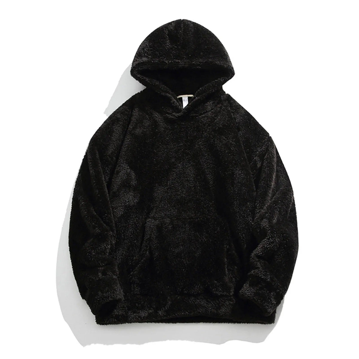 Mens fleece hoodie in Black, plush pile with kangaroo pocket, front view