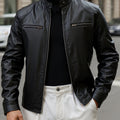 Zip Pockets Leather Jacket with Stand Collar