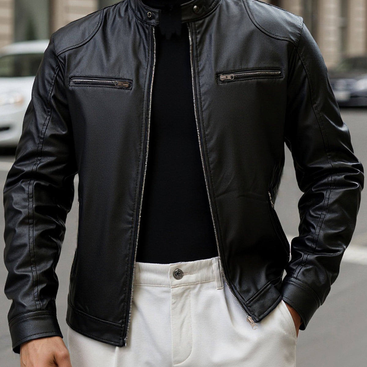 Zip Pockets Leather Jacket with Stand Collar