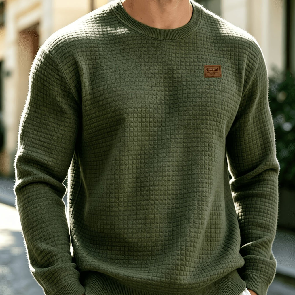 Leather Patch Crewneck Sweater with Waffle Texture