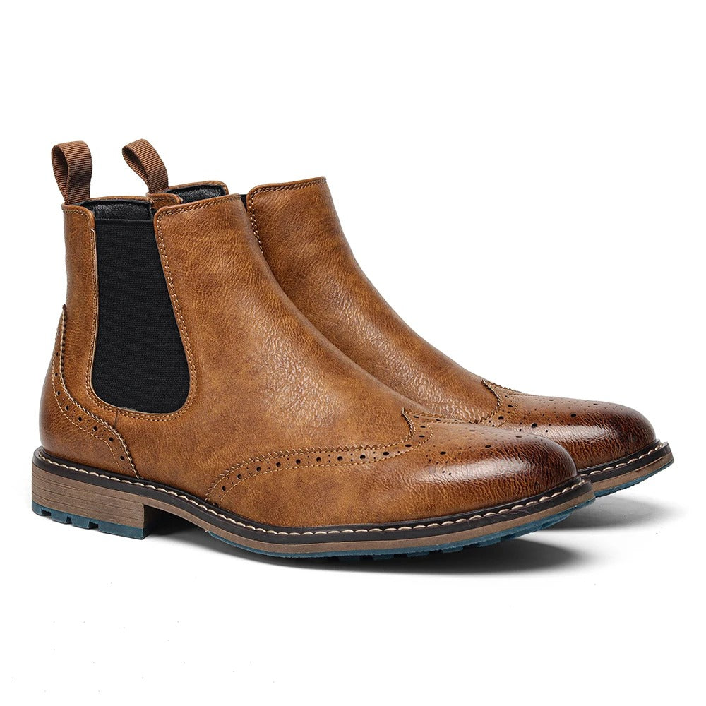 Brogue Detailing Leather Chelsea Boots with Elastic Gusset