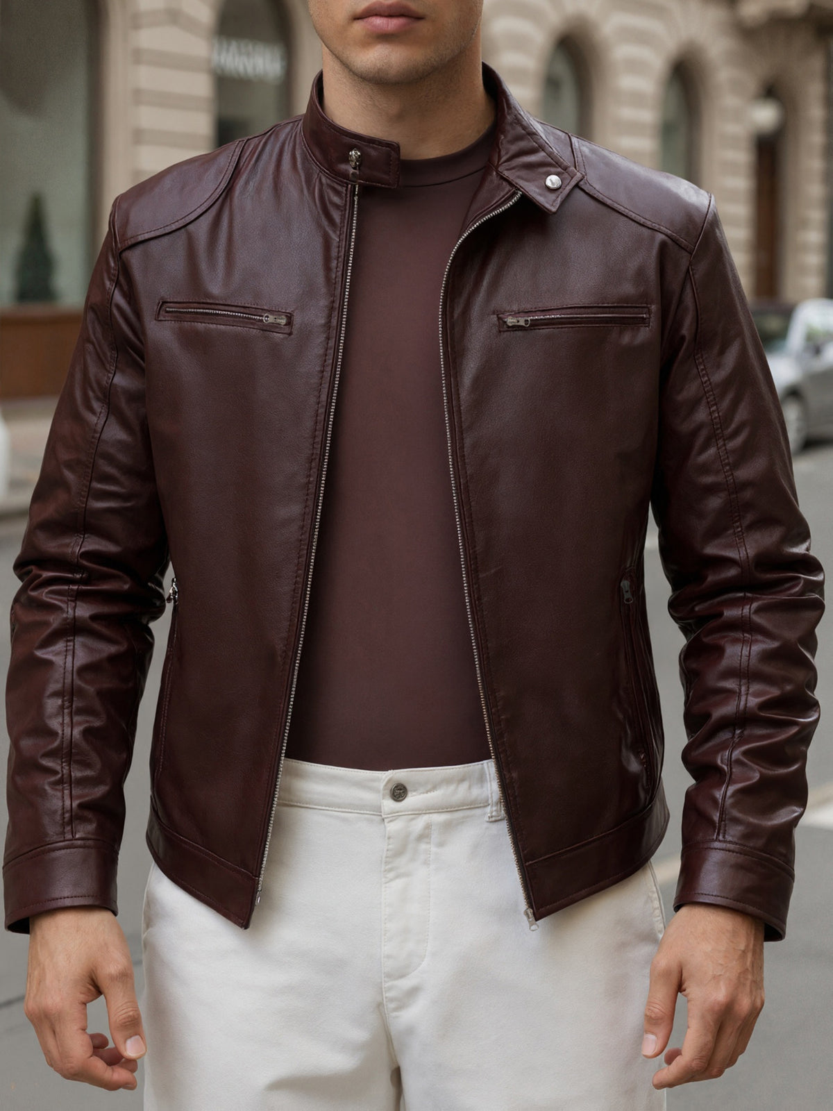 Zip Pockets Leather Jacket with Stand Collar