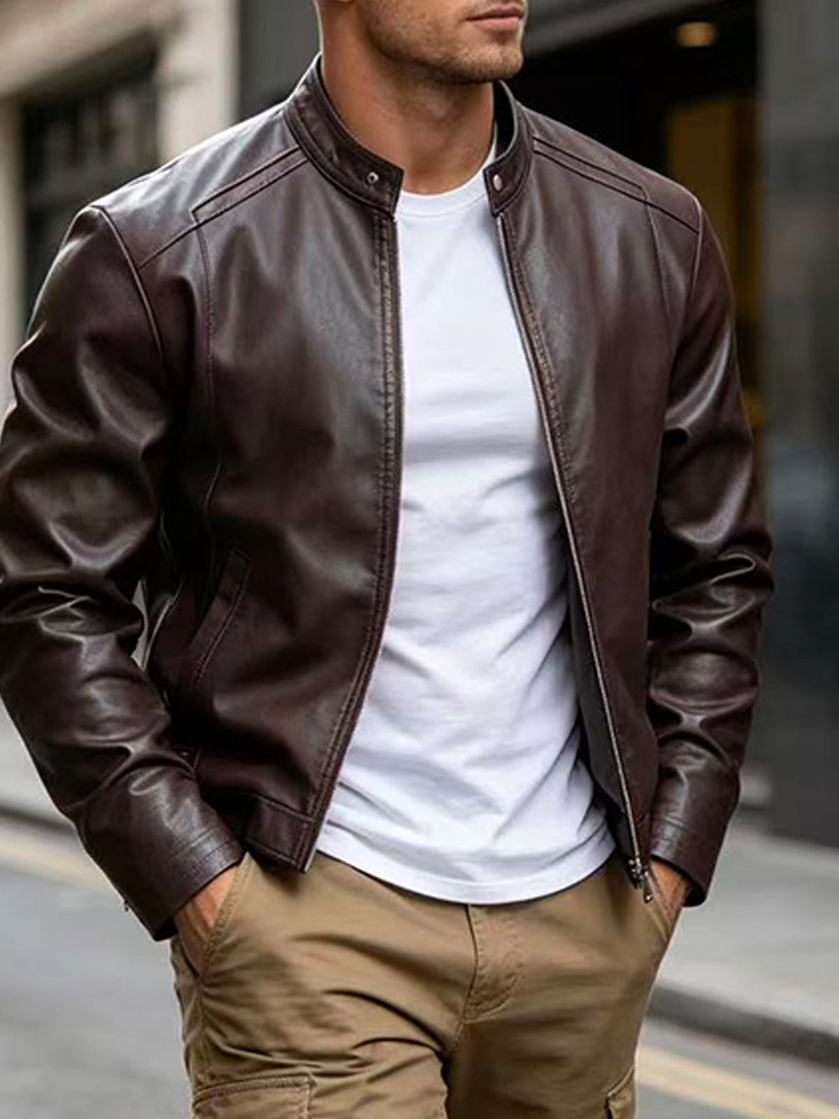 Stand Collar Leather Jacket with Zip Front