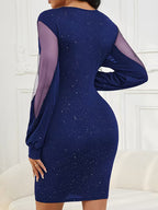 Womens mini dress in Navy, back view with mesh sleeves