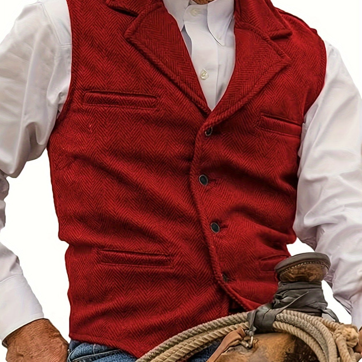 Red herringbone Suit Vest for Men with Button Front