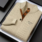 Mens mock neck sweater in Khaki, folded in a gift box