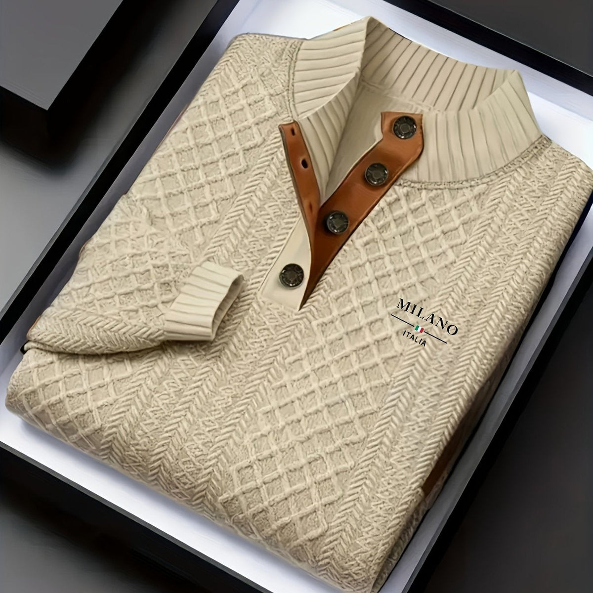 Mens mock neck sweater in Khaki, folded in a gift box