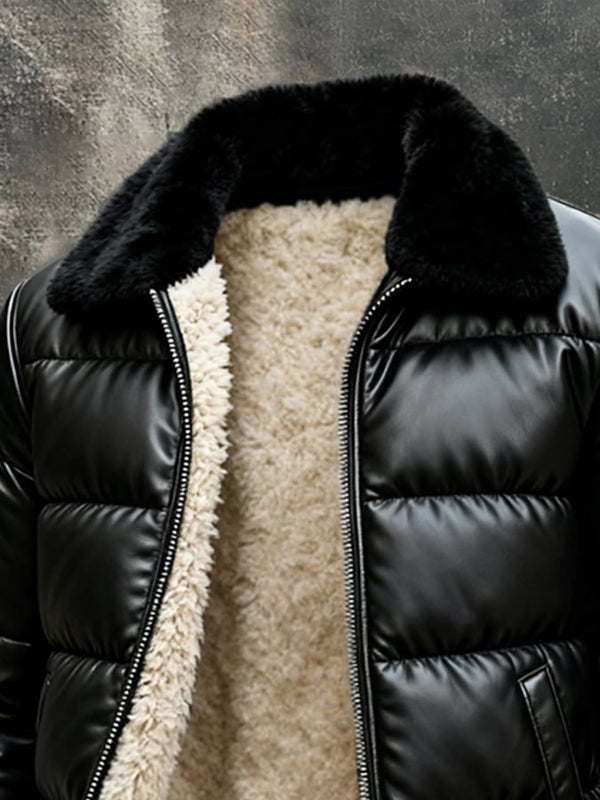Mens quilted puffer jacket in Black, close-up of the faux fur collar and full zip