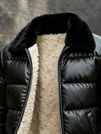 Mens quilted puffer jacket in Black, close-up of the faux fur collar and full zip