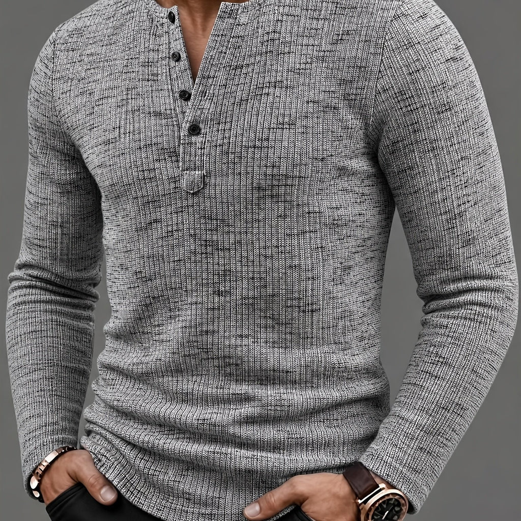 Marled Knit Henley Shirt with Button Placket