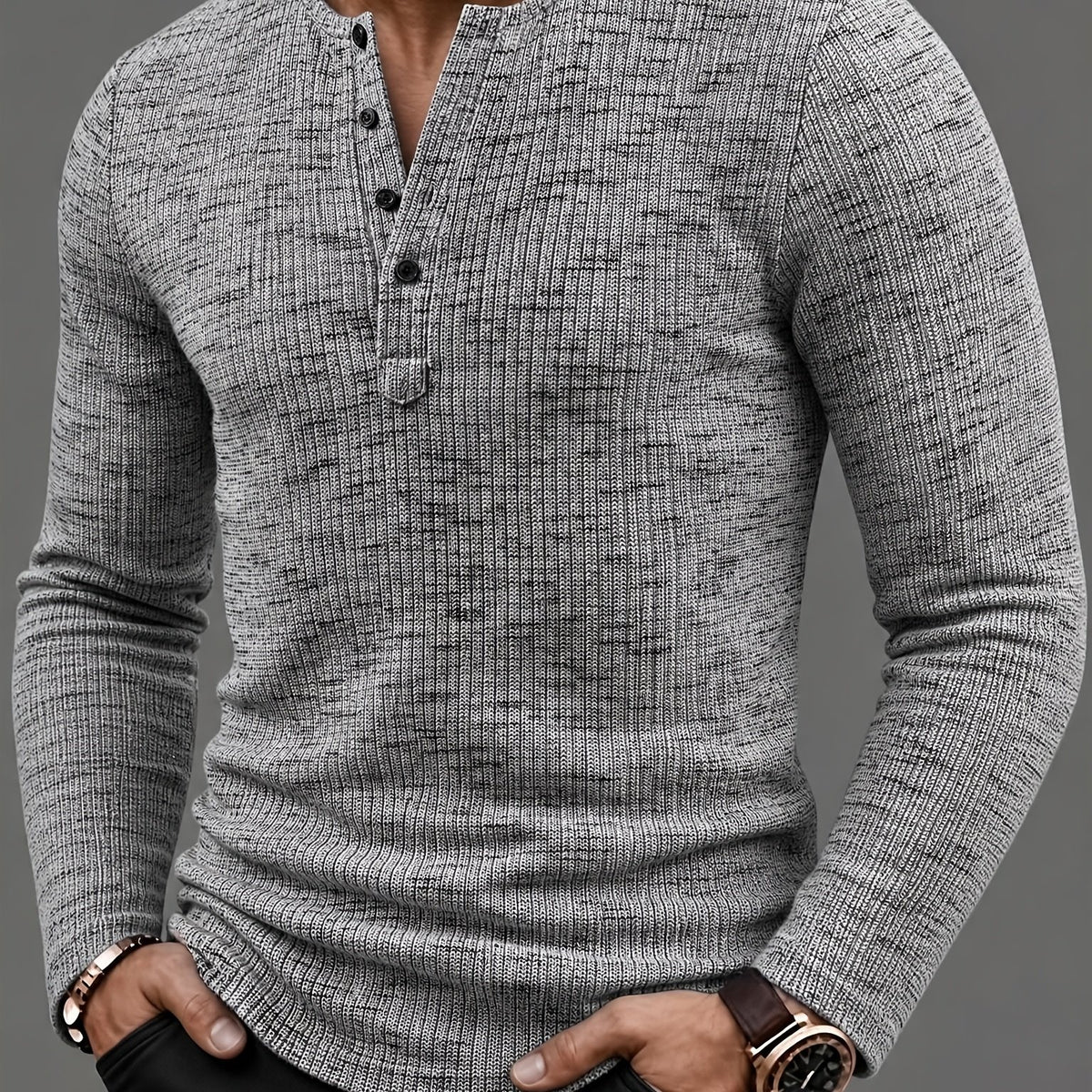 Marled Knit Henley Shirt with Button Placket