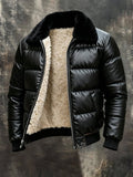 Mens quilted puffer jacket in Black, front view, open over the sherpa lining and faux fur collar