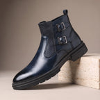 Blue double Buckle Chelsea Boots for Men with Side Zip