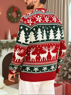 Mens Christmas sweater in Red, back view with tree and snowflake bands