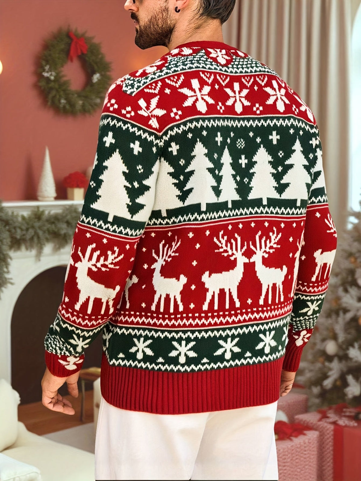 Mens Christmas sweater in Red, back view with tree and snowflake bands