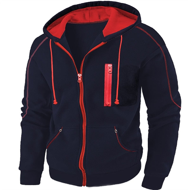Mens zip up hoodie in Navy with red piping and red lined hood