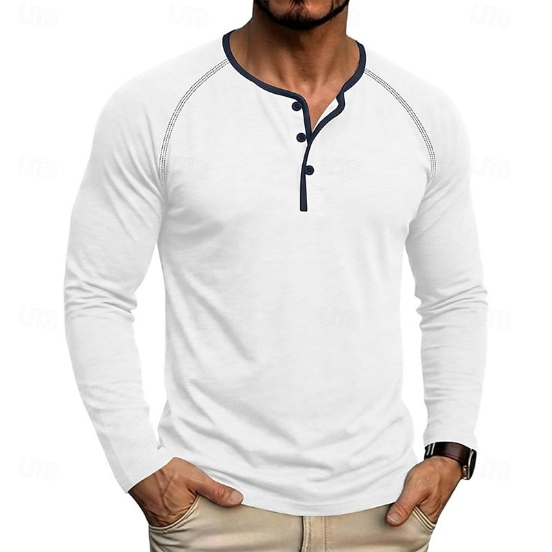 Mens henley shirt in White, worn with khaki pants