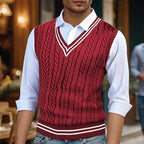 Red cable knit sweater vest for men with v neck