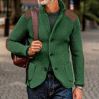 Mens cardigan with stand collar and shoulder patches, shown in green
