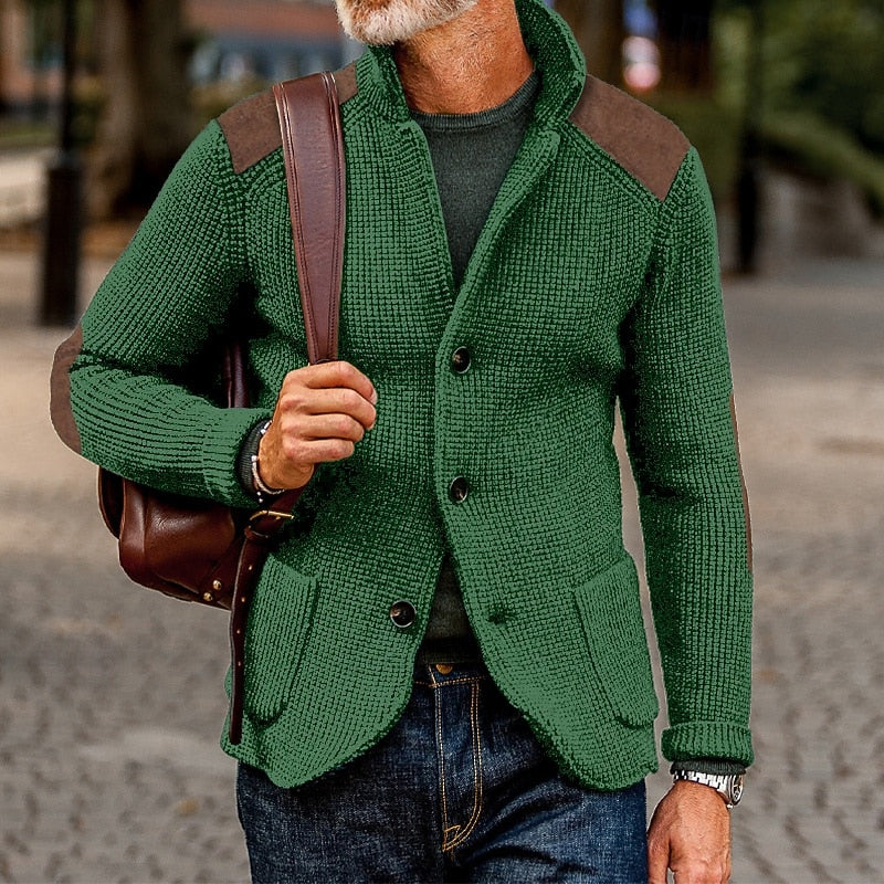 Mens cardigan with stand collar and shoulder patches, shown in green