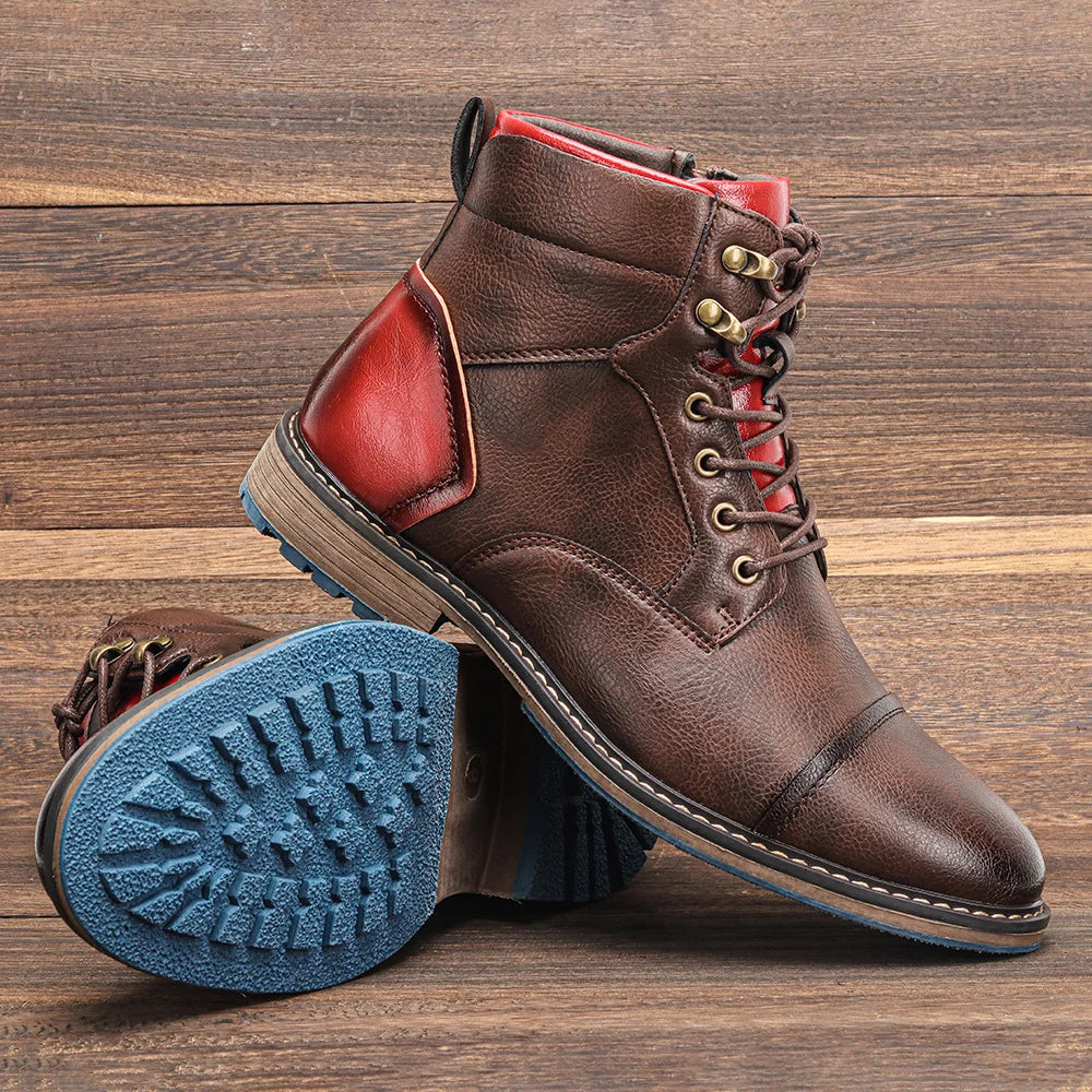 Lace Up Leather Boots with Stacked Heel