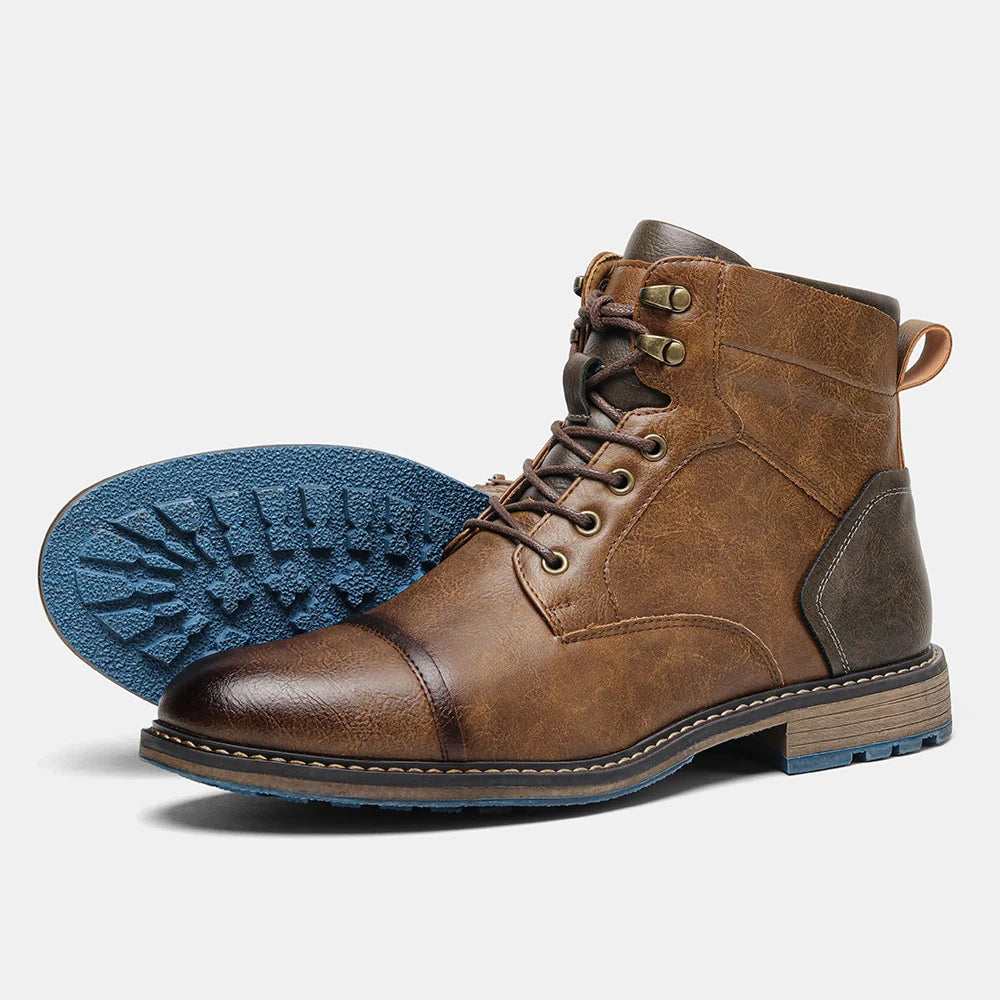Lace Up Leather Boots with Stacked Heel