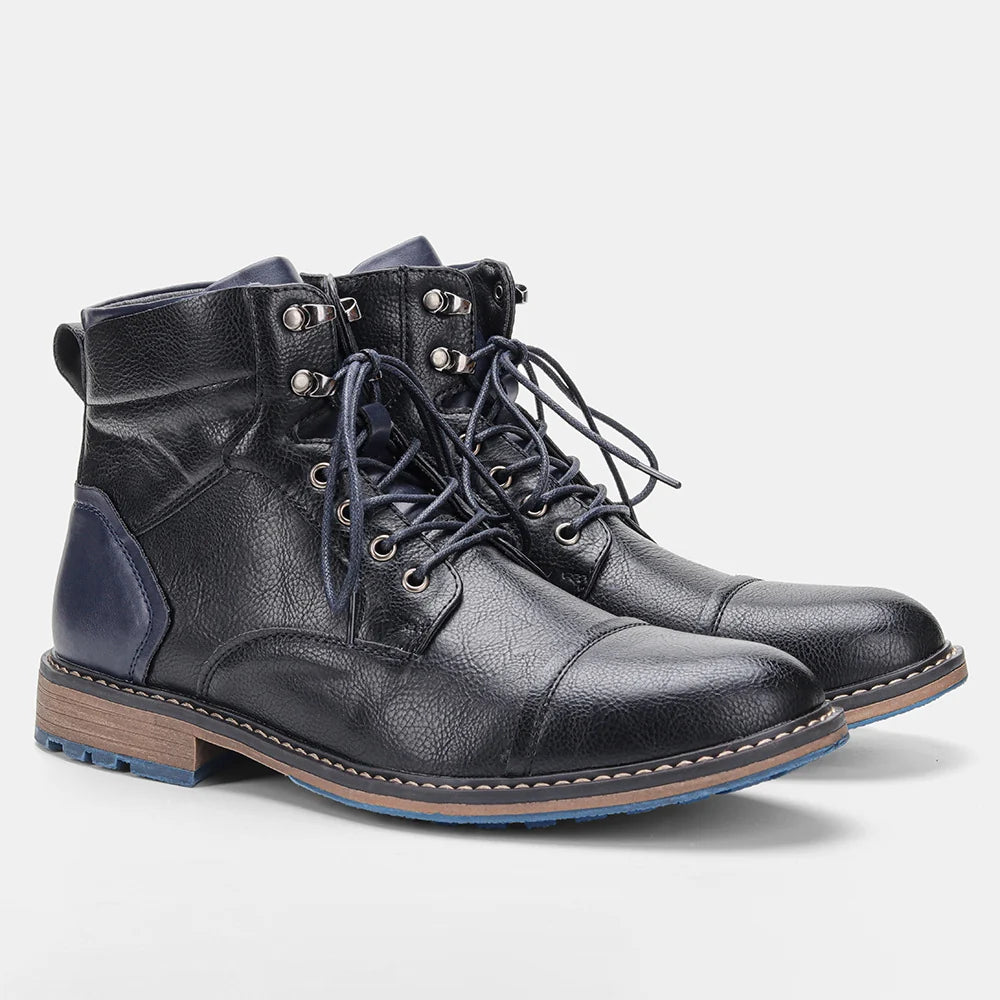 Lace Up Leather Boots with Stacked Heel