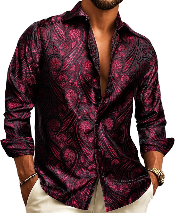 Burgundy paisley dress shirt for men in high sheen satin
